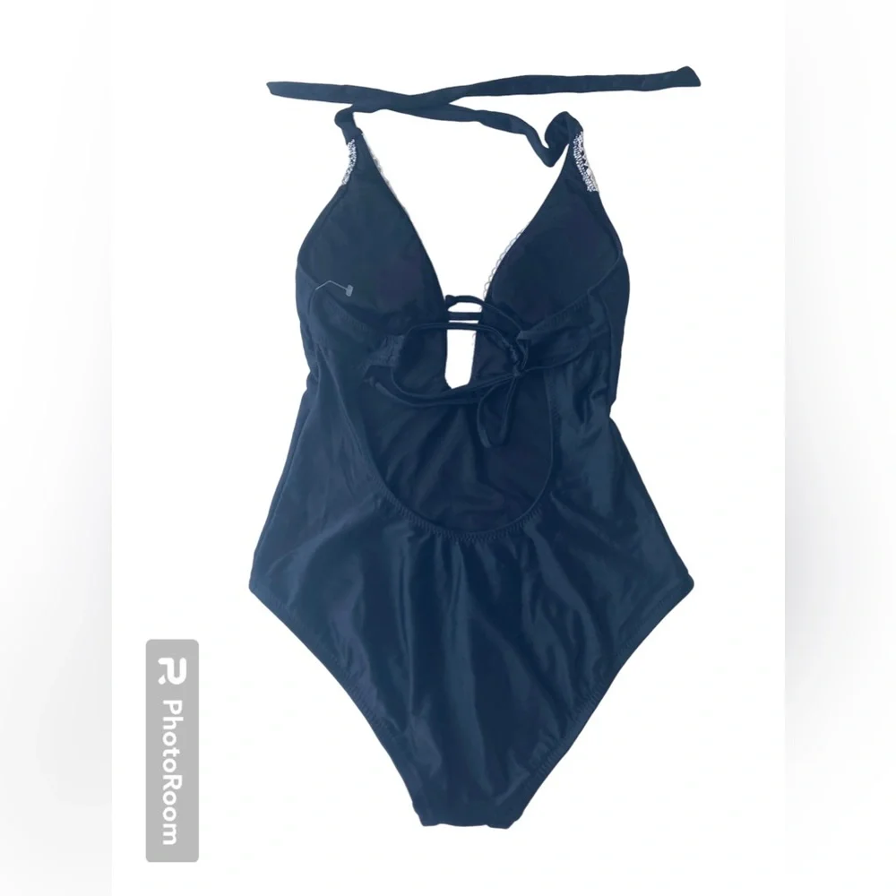 Kona Sol Women's Black Lace Trim Plunging One 1 Piece Swimsuit Halter NWT Small
